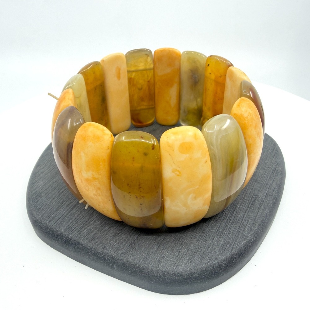 Chunky Amber & Gold Tone Style Statement Stretch Bracelet Honey Layering Jewelry